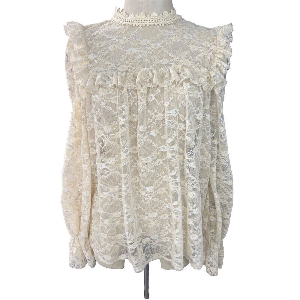 Floral Lace Long Sleeve Blouse Chrysanthemum Boho Farmhouse High Neck Size M